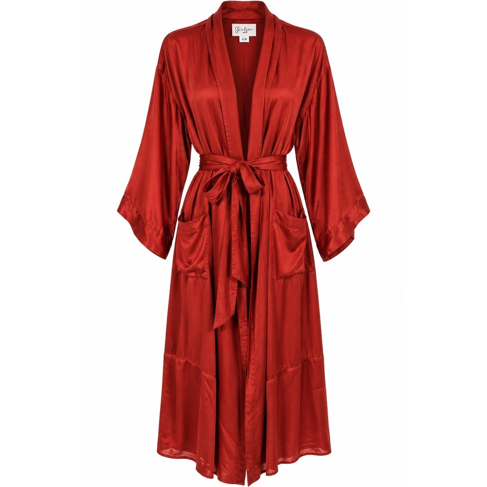 Sin in Linen Robe S/M Red Bamboo Lyocell Kimono Wrap Pockets Loungewear Luxury